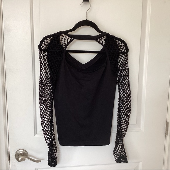 Venus black form fitted top with fishnet arms. - Picture 2 of 3